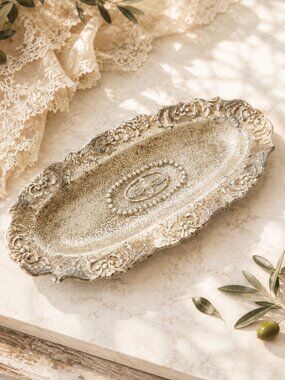 Vintage French Country Ornate Oval Vanity Tray With Intricate Dragonfly Design